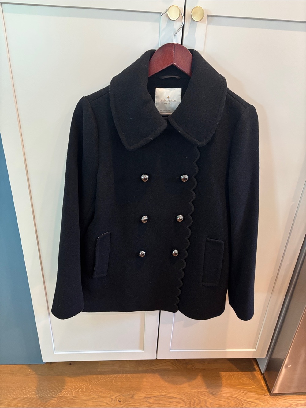 kate spade Black Scallop-Edge Double-Breasted Peacoat